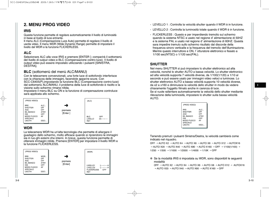 Samsung SCC-C6405P manual Menu Prog Video, Iris, Alc, Shutter, Wdr 