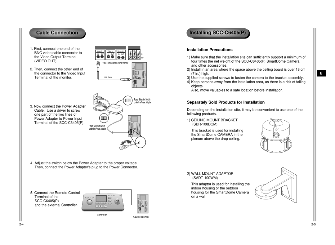 Samsung SCC-C6405P manual Ceiling Mount Bracket SBR-100DCM, Wall Mount Adaptor SADT-100WM 