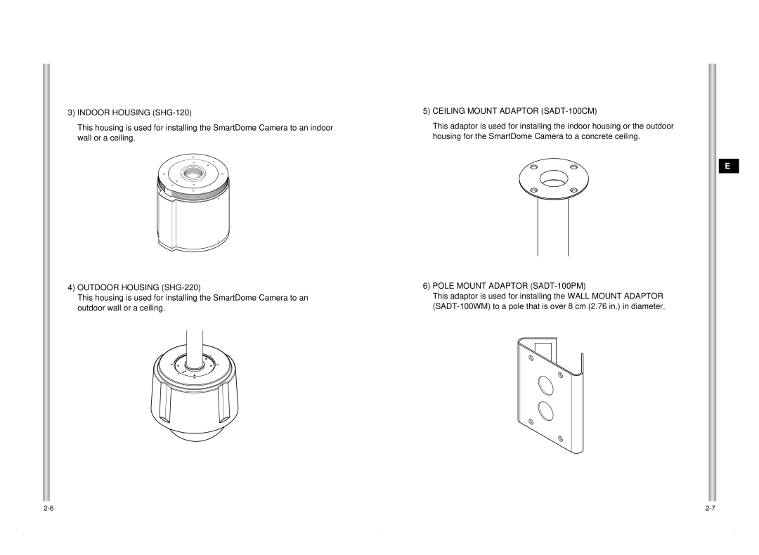 Samsung SCC-C6405P manual Indoor Housing SHG-120, Outdoor Housing SHG-220, Ceiling Mount Adaptor SADT-100CM 