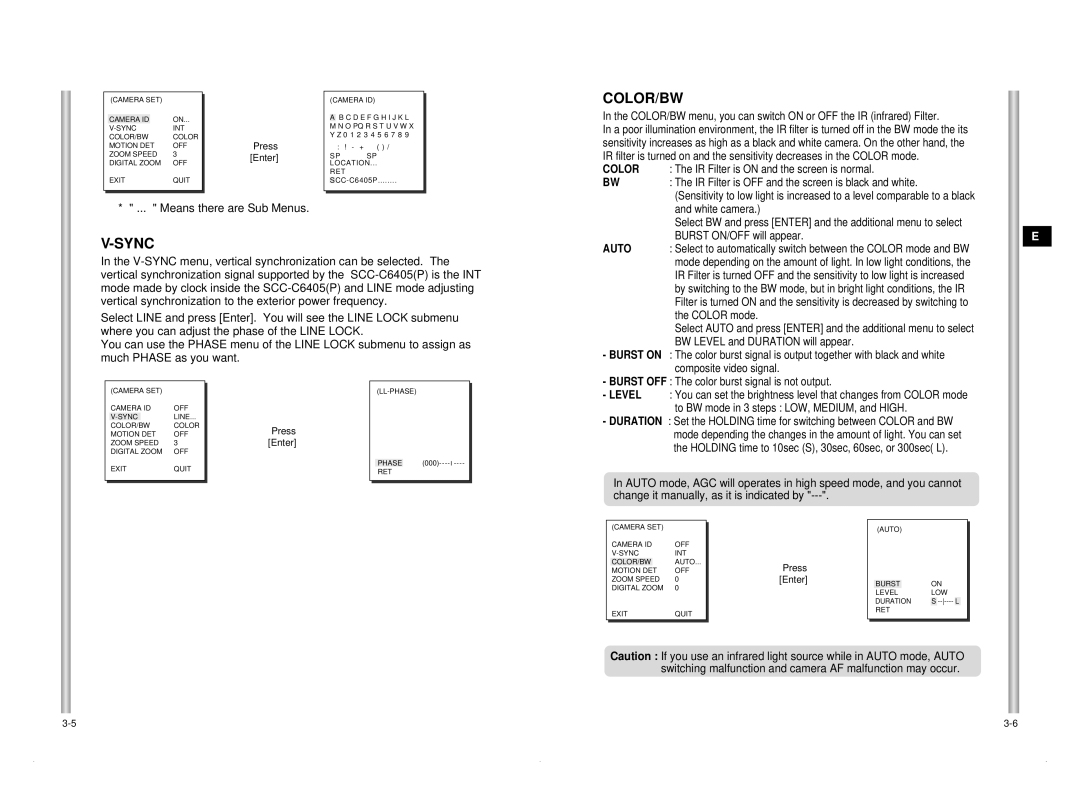 Samsung SCC-C6405P manual Color/Bw, Sync 