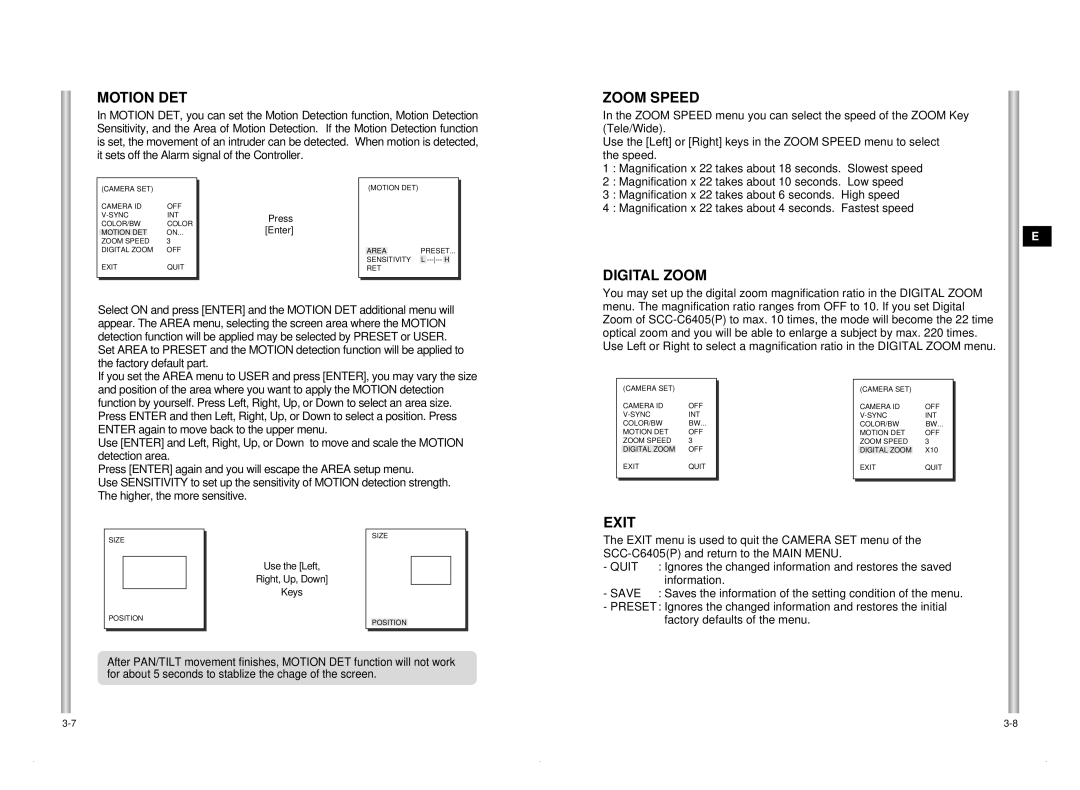 Samsung SCC-C6405P manual Motion DET, Zoom Speed, Digital Zoom, Exit 