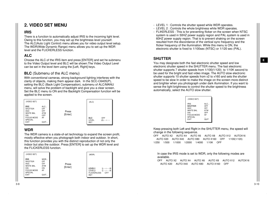 Samsung SCC-C6405P manual Video SET Menu, Iris, Alc, Shutter, Wdr 