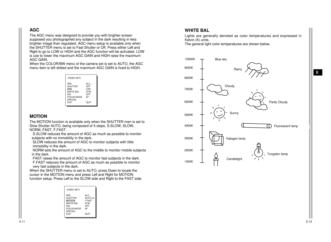 Samsung SCC-C6405P manual Agc, Motion, White BAL, AGC Gain 