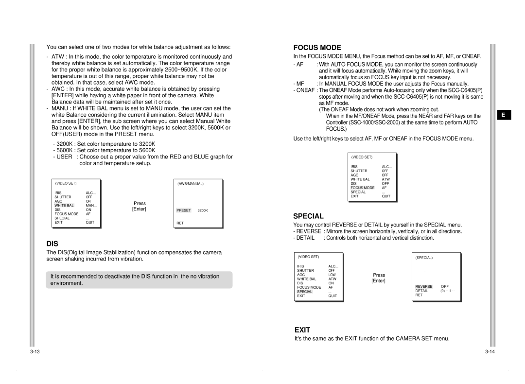 Samsung SCC-C6405P manual Focus Mode, Special, Dis 