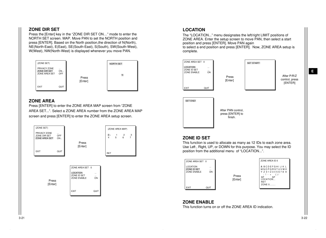 Samsung SCC-C6405P manual Zone DIR SET, Location, Zone Area, Zone ID SET, Zone Enable 