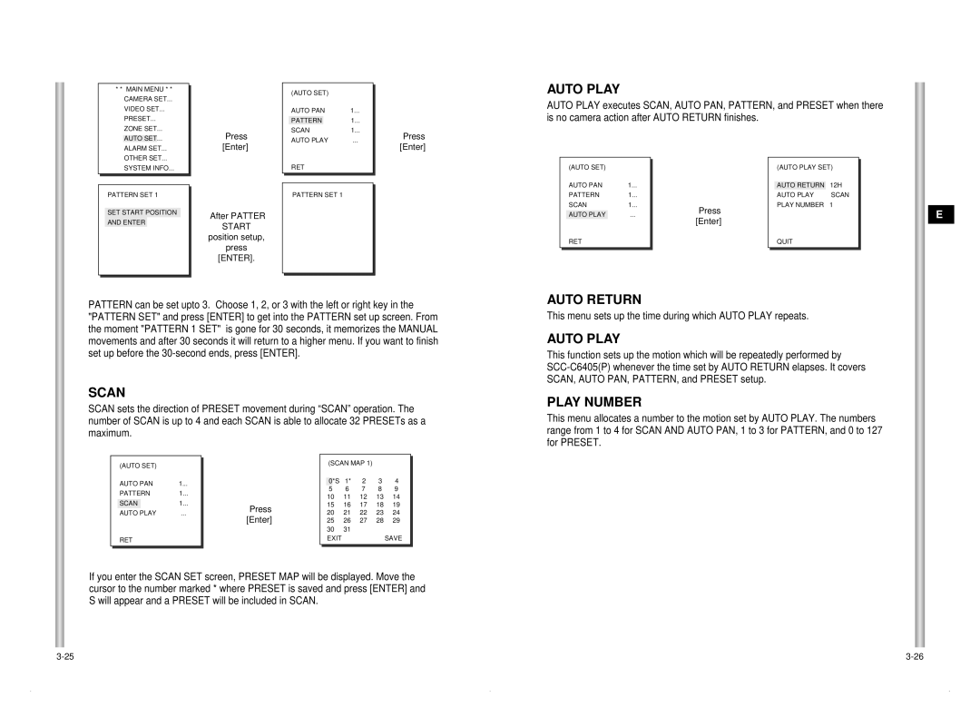 Samsung SCC-C6405P manual Auto Play, Scan, Auto Return, Play Number 