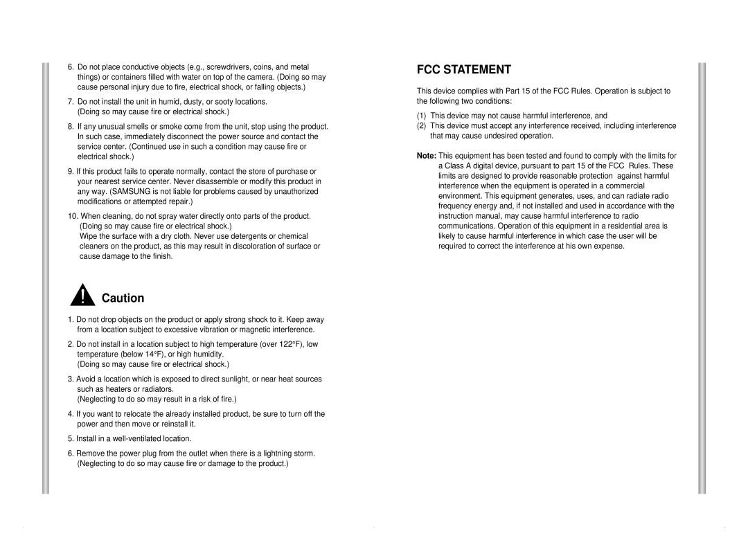 Samsung SCC-C6405P manual FCC Statement 