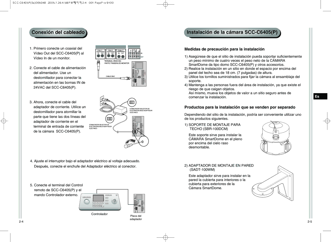 Samsung SCC-C6405P manual Soporte DE Montaje Para Techo SBR-100DCM, Adaptador DE Montaje EN Pared SADT-100WM 