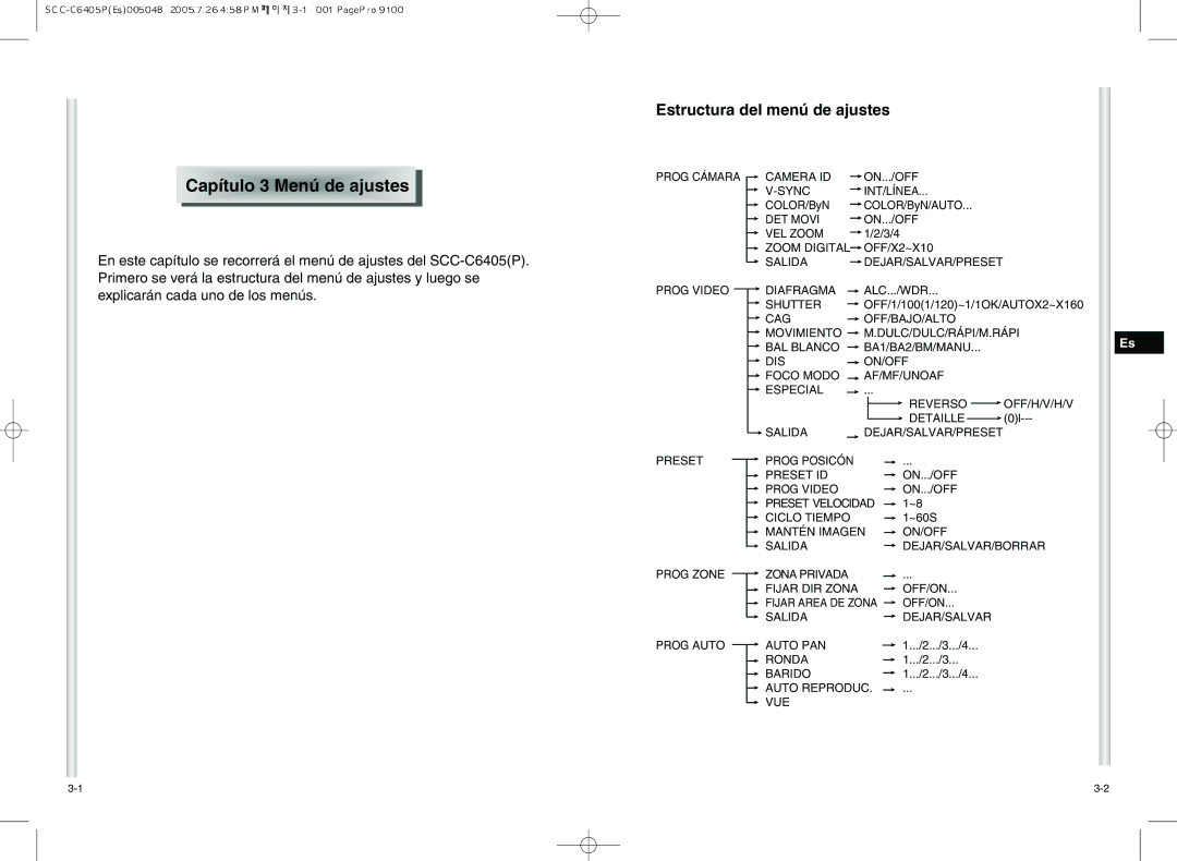 Samsung SCC-C6405P manual Capítu lo 3 Menú de ajust es, Estructura del menú de ajustes 