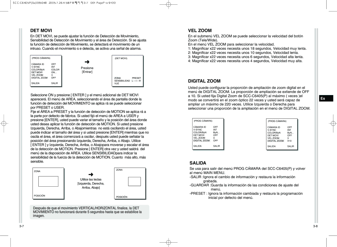 Samsung SCC-C6405P manual DET Movi, VEL Zoom, Digital Zoom, Salida 