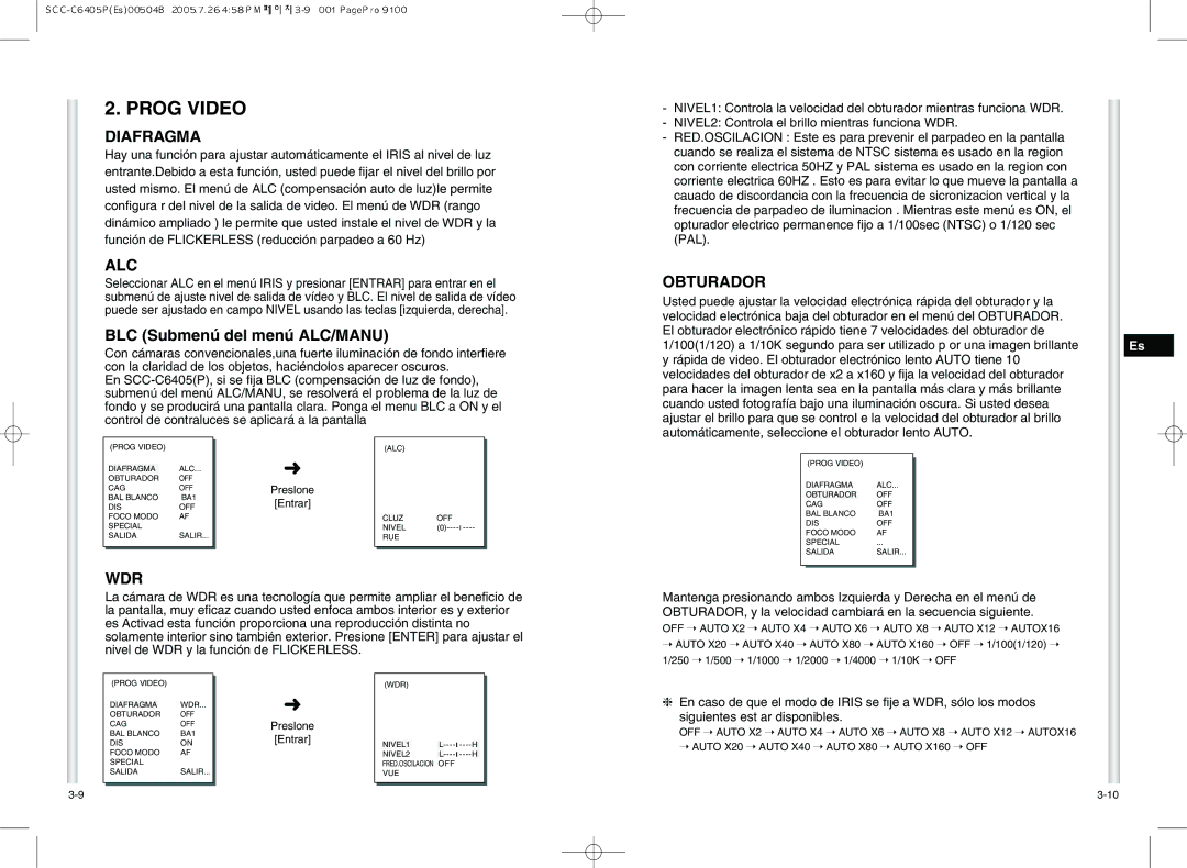 Samsung SCC-C6405P manual Prog Video, Diafragma, Alc, Obturador, Wdr 