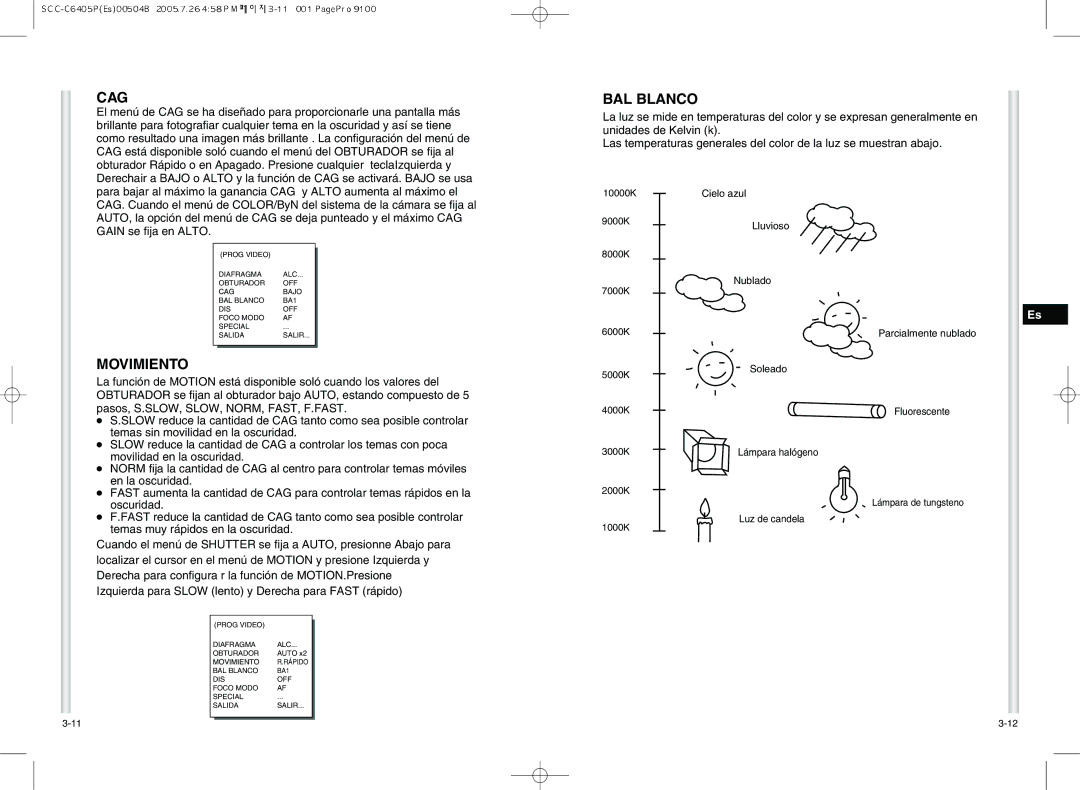 Samsung SCC-C6405P manual Cag, Movimiento, BAL Blanco 