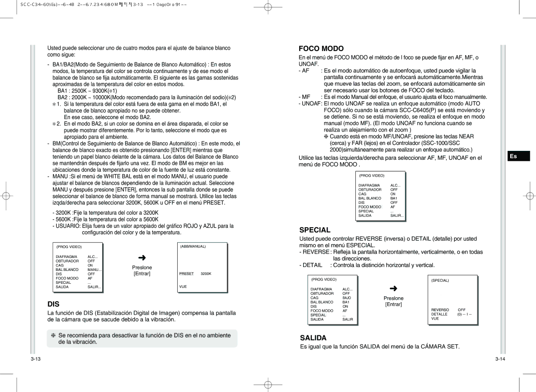 Samsung SCC-C6405P manual Foco Modo, Special, Dis, Unoaf 