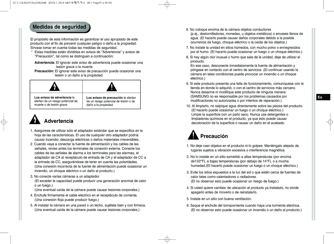 Samsung SCC-C6405P manual Medidas de seguridad, Los avisos de advertencia le 