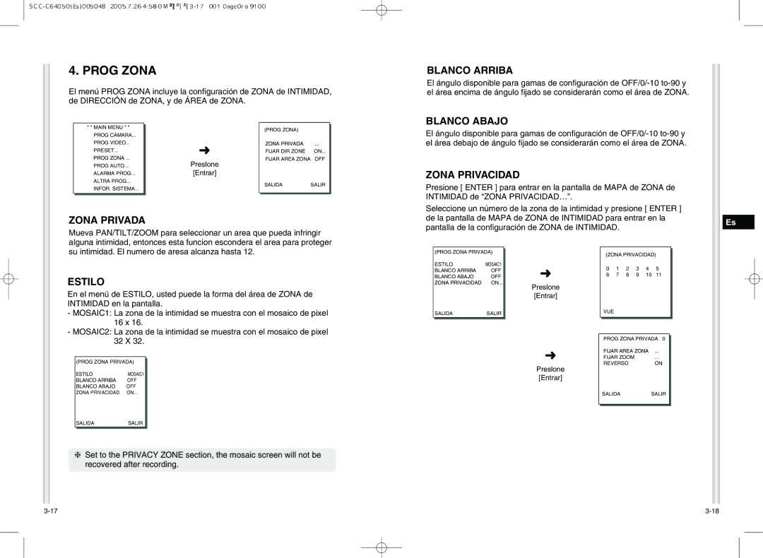 Samsung SCC-C6405P manual Prog Zona 