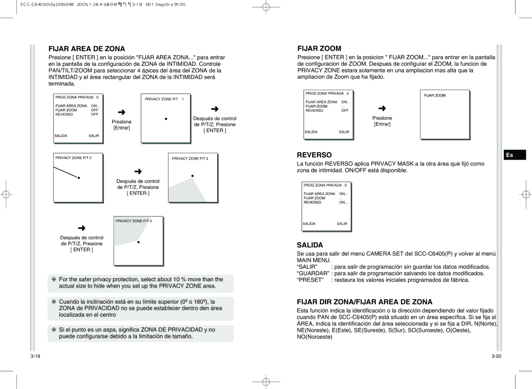 Samsung SCC-C6405P manual Fijar Area DE Zona, Fijar Zoom, Reverso, Fijar DIR ZONA/FIJAR Area DE Zona, Main Menu 