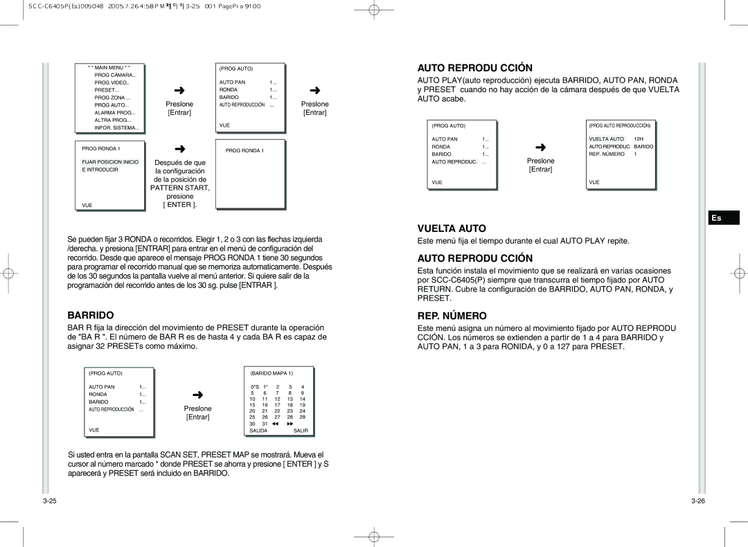 Samsung SCC-C6405P manual Auto Reprodu Cción, Vuelta Auto, Barrido, REP. Número, Preset 