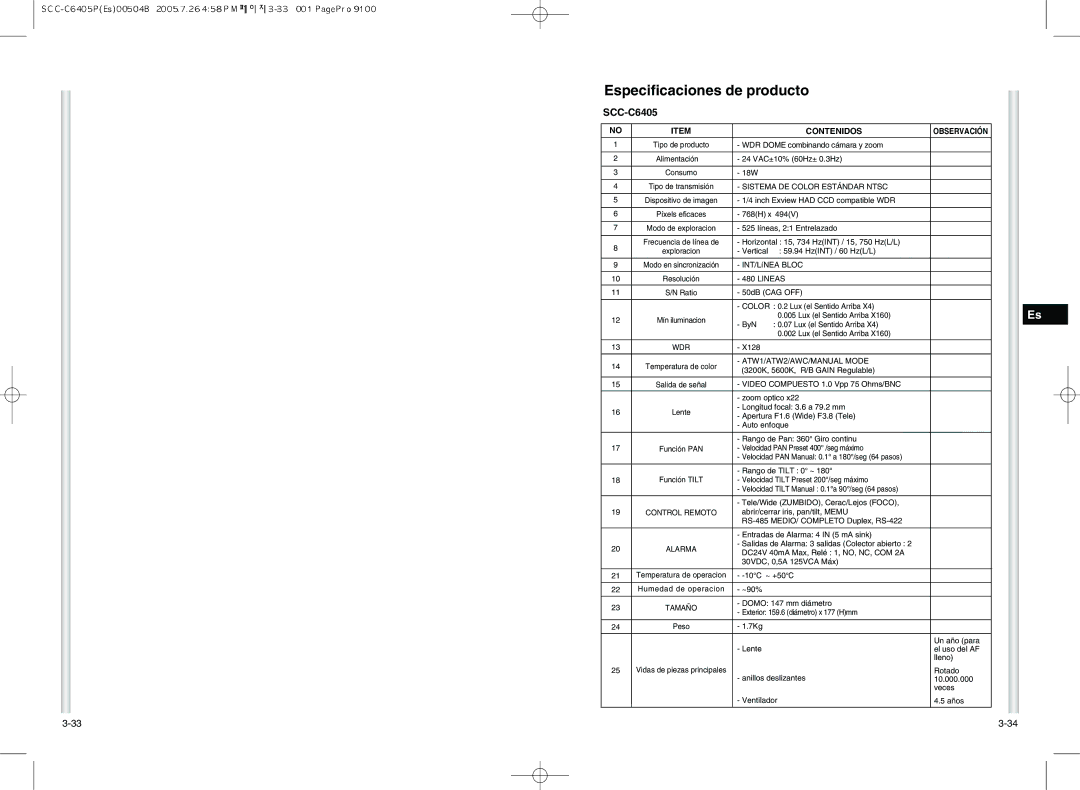 Samsung SCC-C6405P manual Especificaciones de producto 