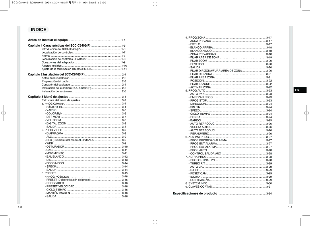 Samsung manual Indice, Capítulo 1 Características del SCC-C6405P 