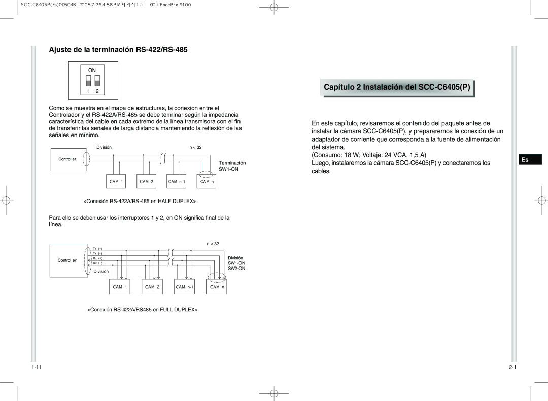 Samsung SCC-C6405P manual Cap ítulo 2 I nstalación del SC C C640 5P, Ajuste de la terminación RS-422/RS-485 