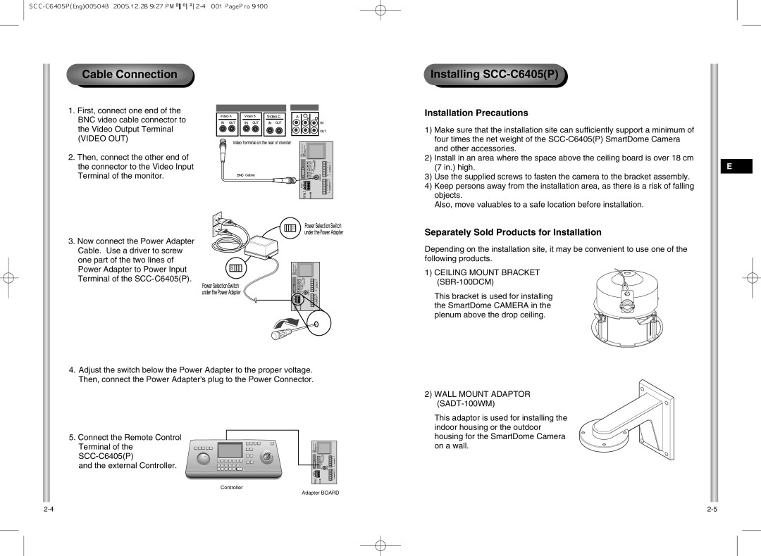 Samsung SCC-C6405(P) manual Ceiling Mount Bracket SBR-100DCM, Wall Mount Adaptor SADT-100WM 