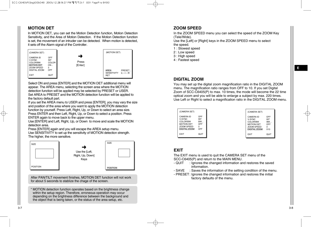 Samsung SCC-C6405(P) manual Motion DET, Zoom Speed, Digital Zoom, Exit 