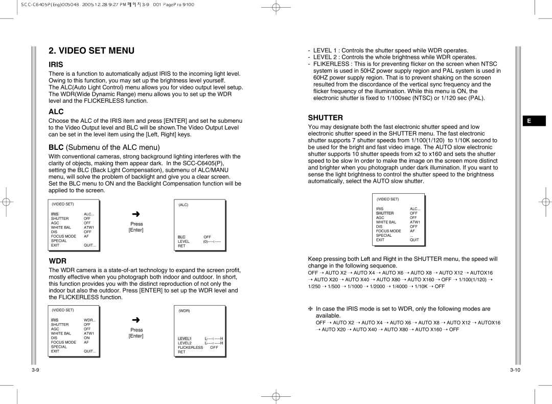 Samsung SCC-C6405(P) manual Video SET Menu, Iris, Alc, Shutter, Wdr 