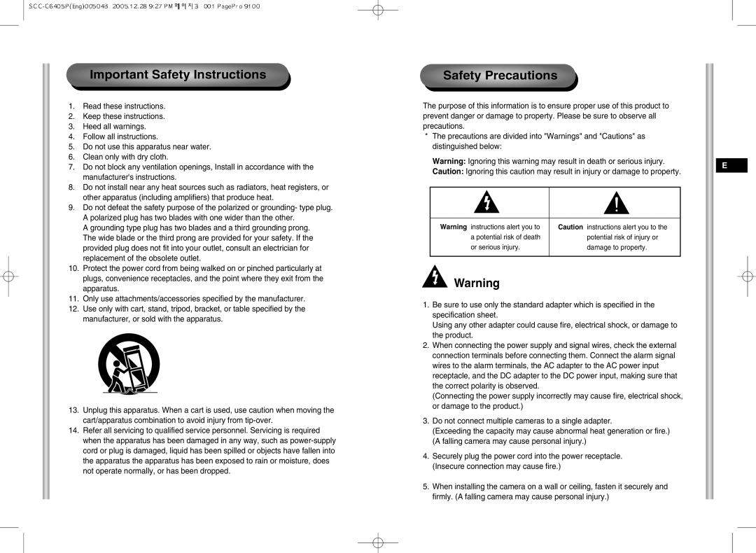 Samsung SCC-C6405(P) manual Important Safety Instructions, Safety Precautions 