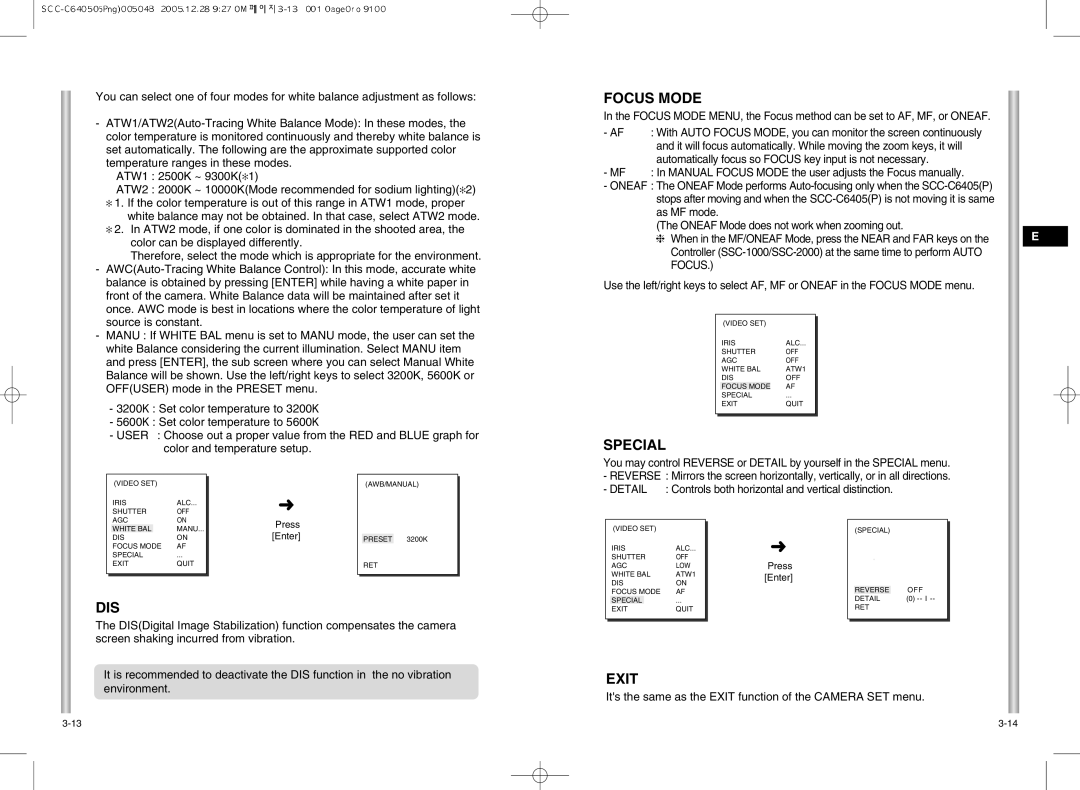 Samsung SCC-C6405(P) manual Focus Mode, Special, Dis 