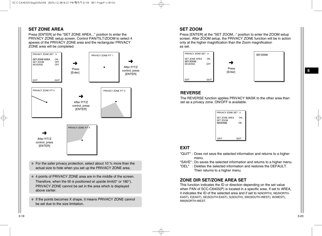 Samsung SCC-C6405(P) manual SET Zone Area, SET Zoom, Reverse, Zone DIR SET/ZONE Area SET 