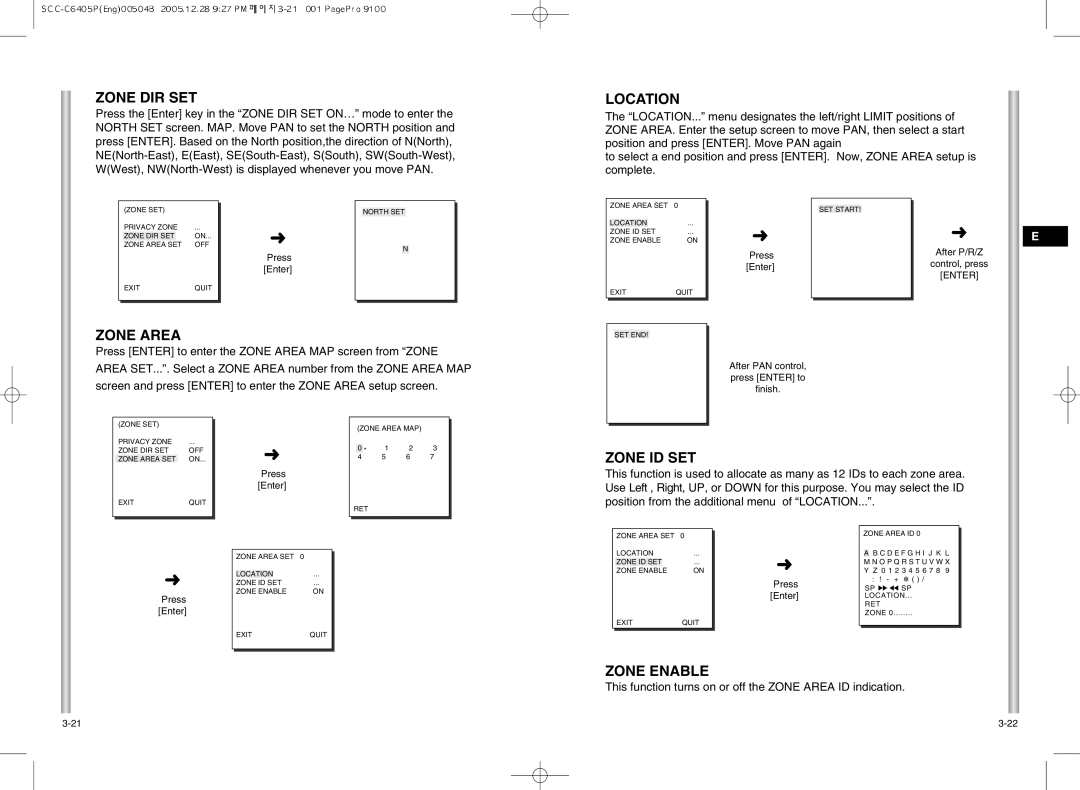 Samsung SCC-C6405(P) manual Zone DIR SET, Location, Zone Area, Zone ID SET, Zone Enable 