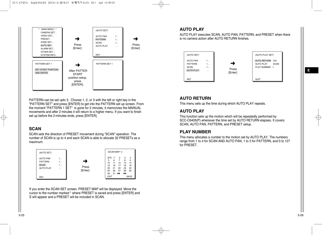 Samsung SCC-C6405(P) manual Auto Play, Scan, Auto Return, Play Number 