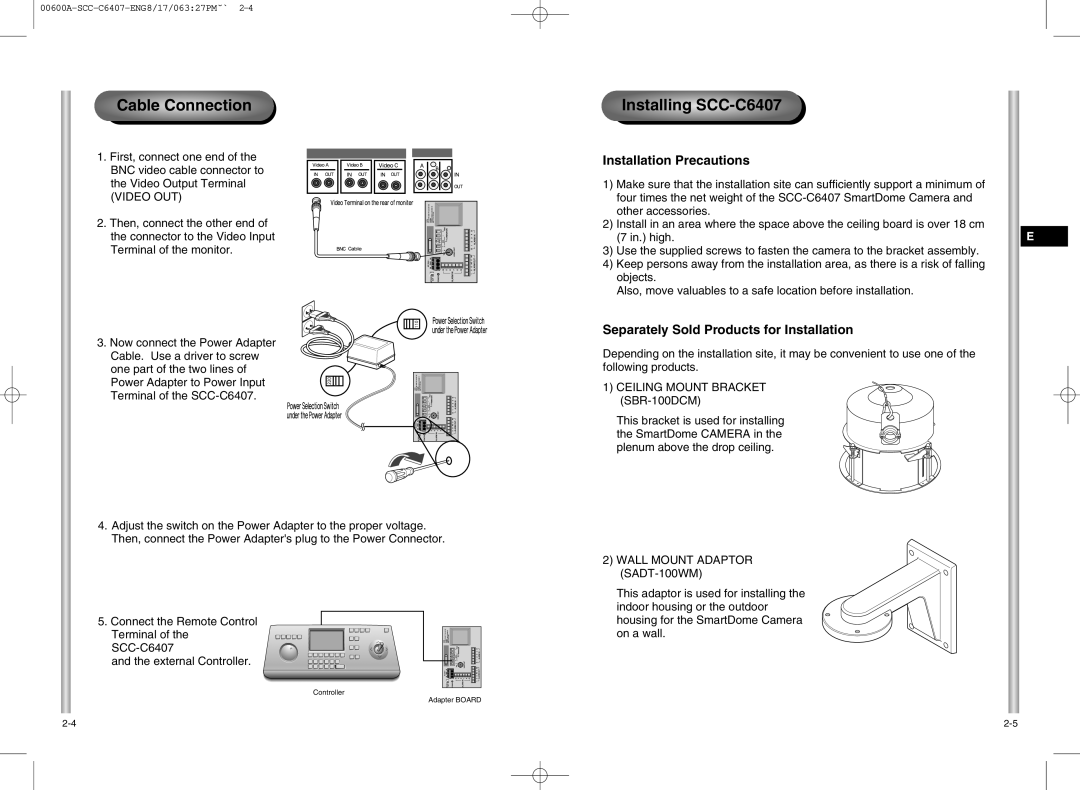 Samsung SCC-C6407 instruction manual Ceiling Mount Bracket SBR-100DCM, Wall Mount Adaptor SADT-100WM 