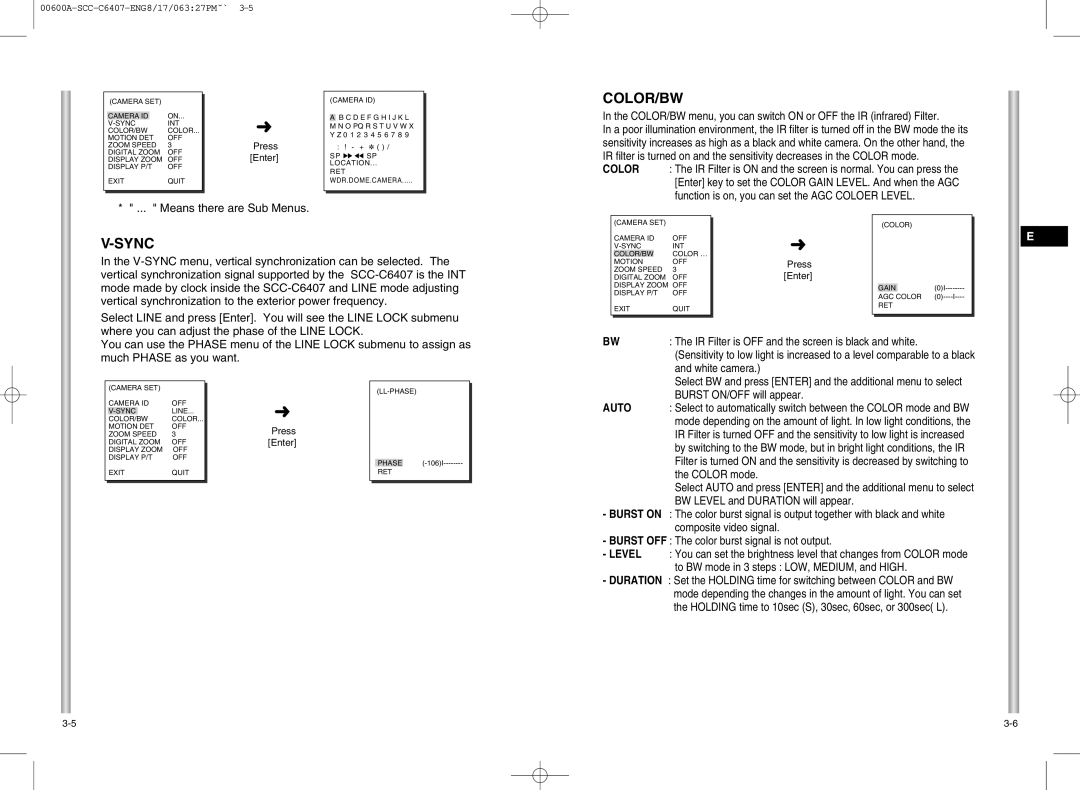 Samsung SCC-C6407 instruction manual Color/Bw, Sync 