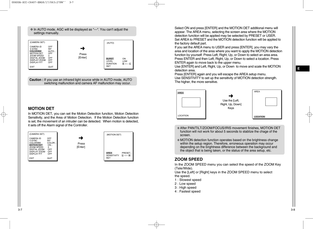 Samsung SCC-C6407 instruction manual Motion DET, Zoom Speed 