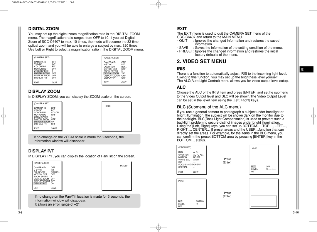 Samsung SCC-C6407 instruction manual Video SET Menu 