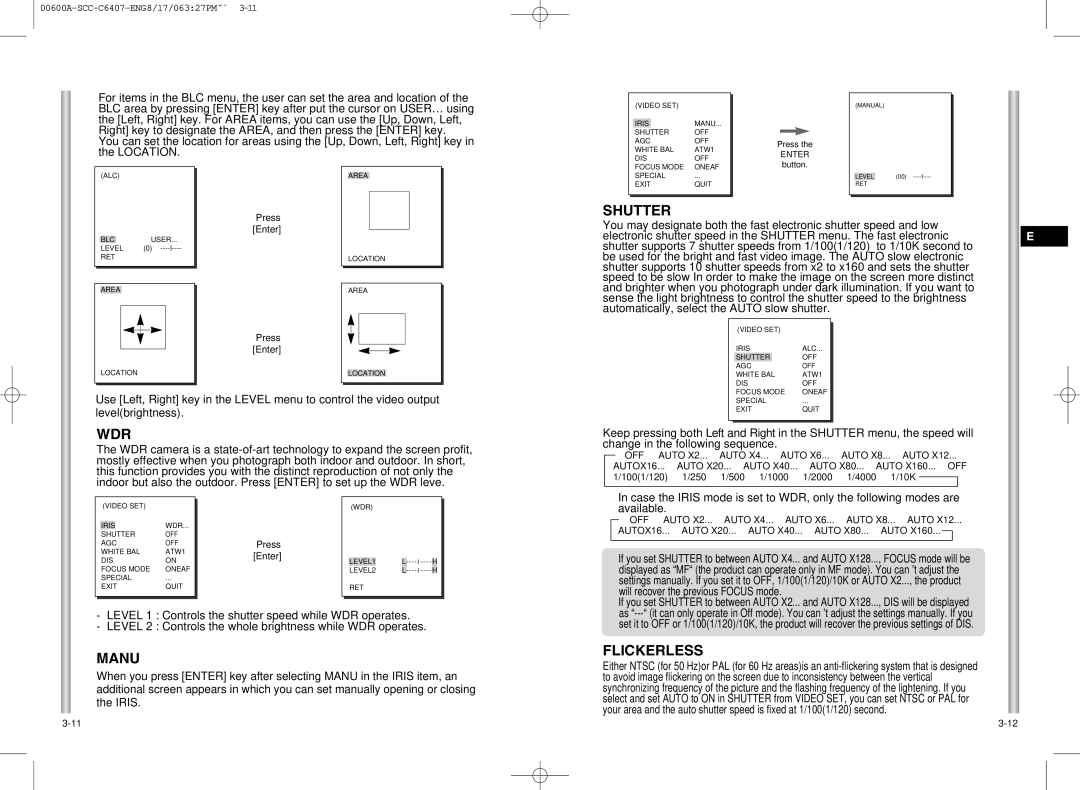 Samsung SCC-C6407 instruction manual Shutter, Wdr, Manu, Flickerless, Available 