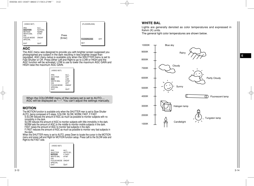 Samsung SCC-C6407 instruction manual White BAL, Agc, Motion 