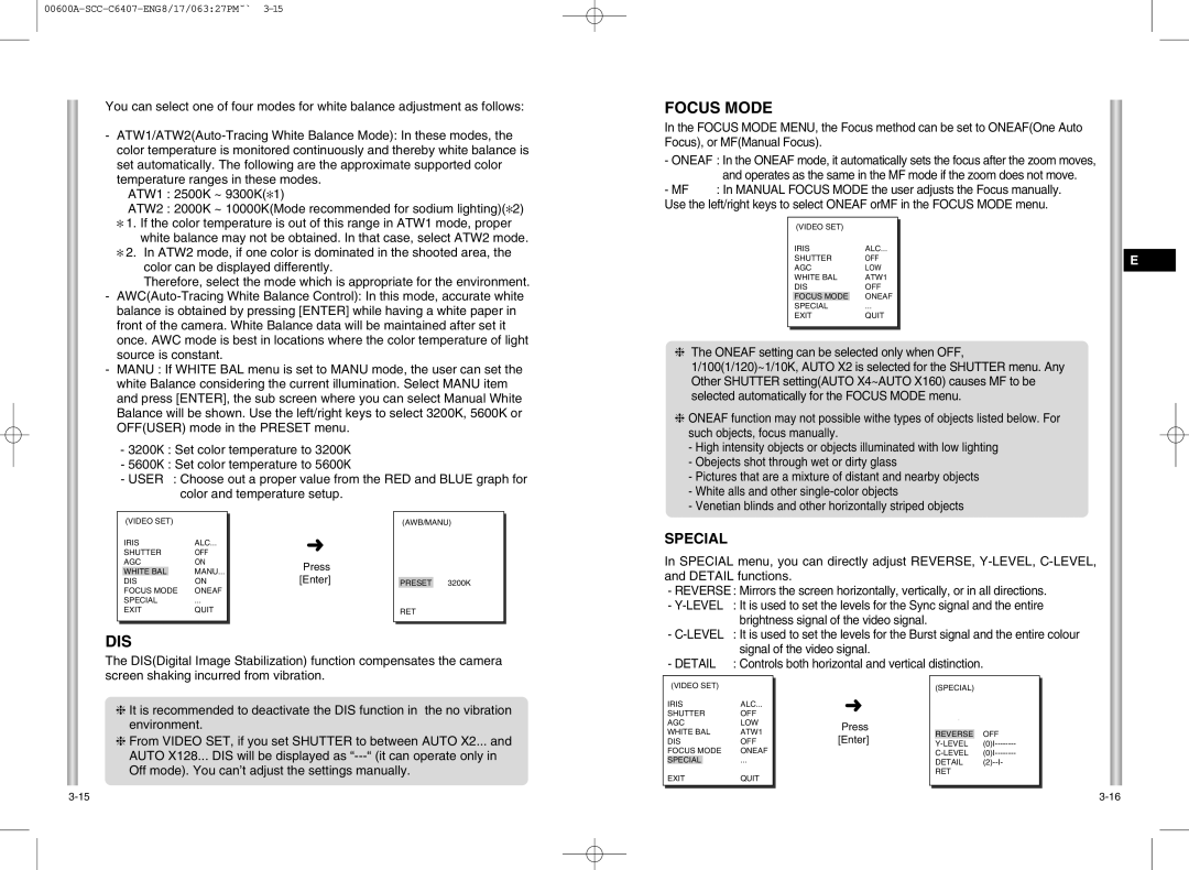 Samsung SCC-C6407 instruction manual Focus Mode, Dis, Level, Brightness signal of the video signal 