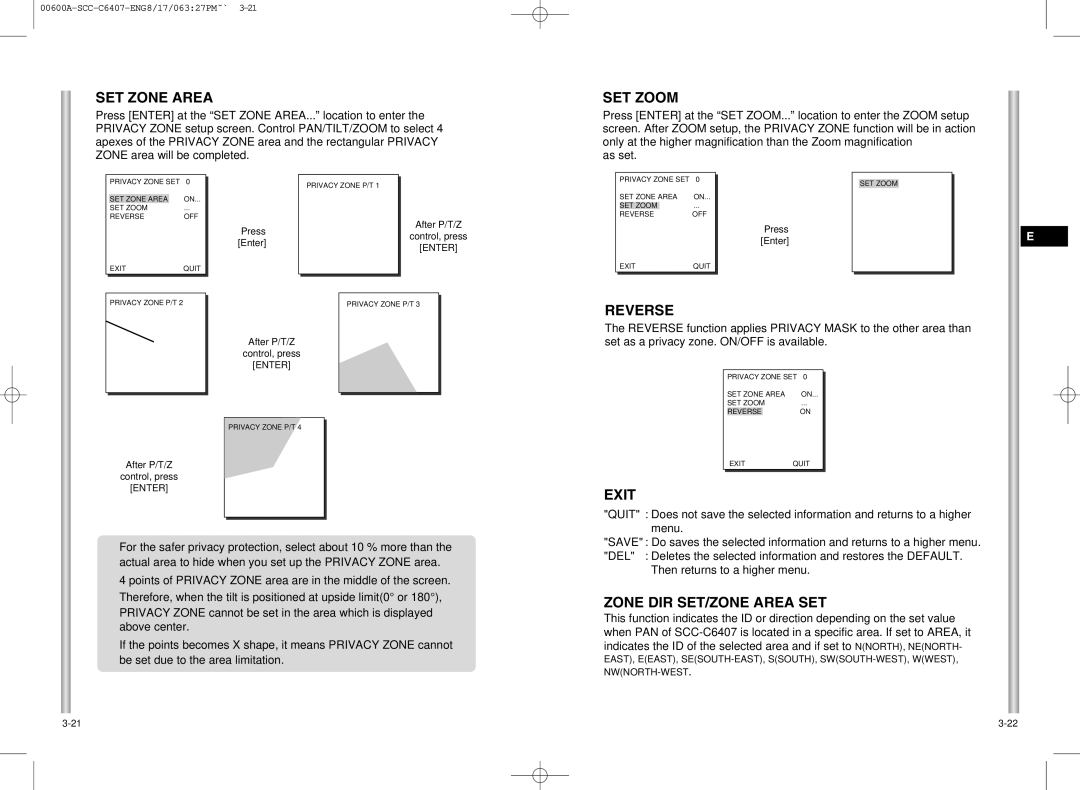 Samsung SCC-C6407 instruction manual SET Zone Area, SET Zoom, Reverse, Zone DIR SET/ZONE Area SET 