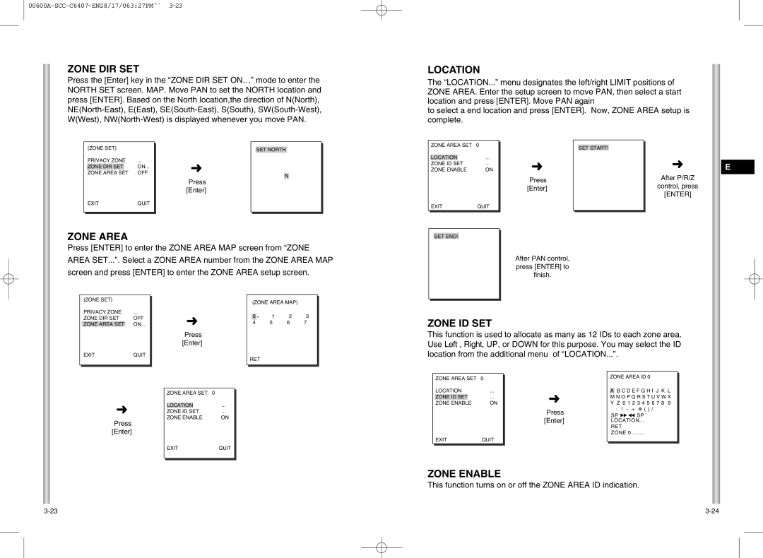 Samsung SCC-C6407 instruction manual Zone DIR SET, Location, Zone Area, Zone ID SET, Zone Enable 