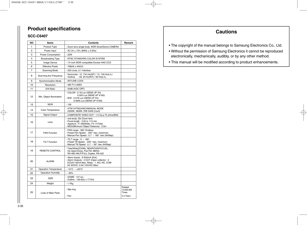 Samsung SCC-C6407 instruction manual Product specifications 