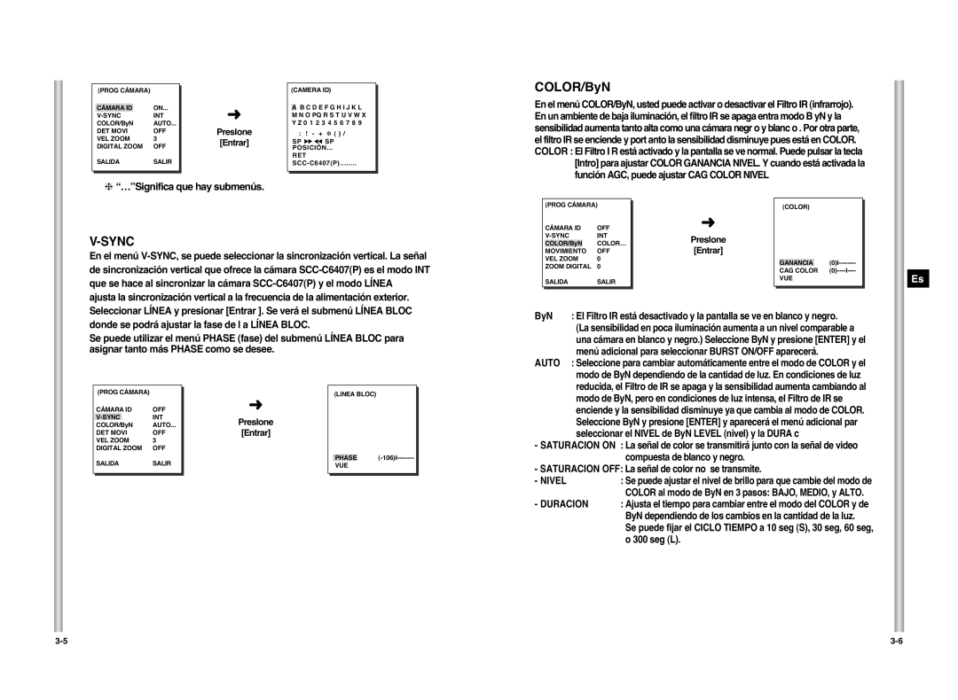 Samsung SCC-C6407P manual COLOR/ByN, …Significa que hay submenús, Seg L 