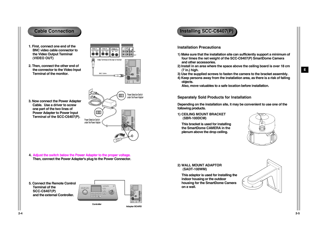 Samsung SCC-C6407P manual Ceiling Mount Bracket SBR-100DCM, Wall Mount Adaptor SADT-100WM 