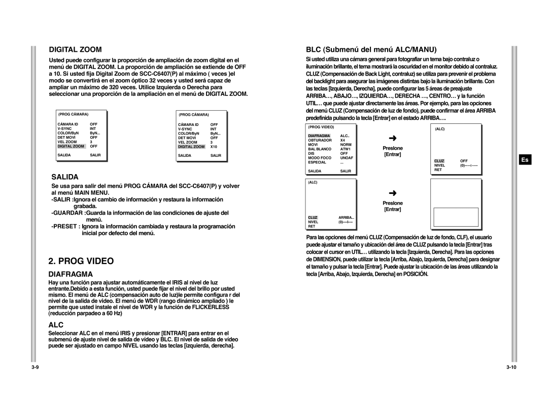 Samsung SCC-C6407P manual BLC Submenú del menú ALC/MANU, Salida, Diafragma, Inicial por defecto del menú 