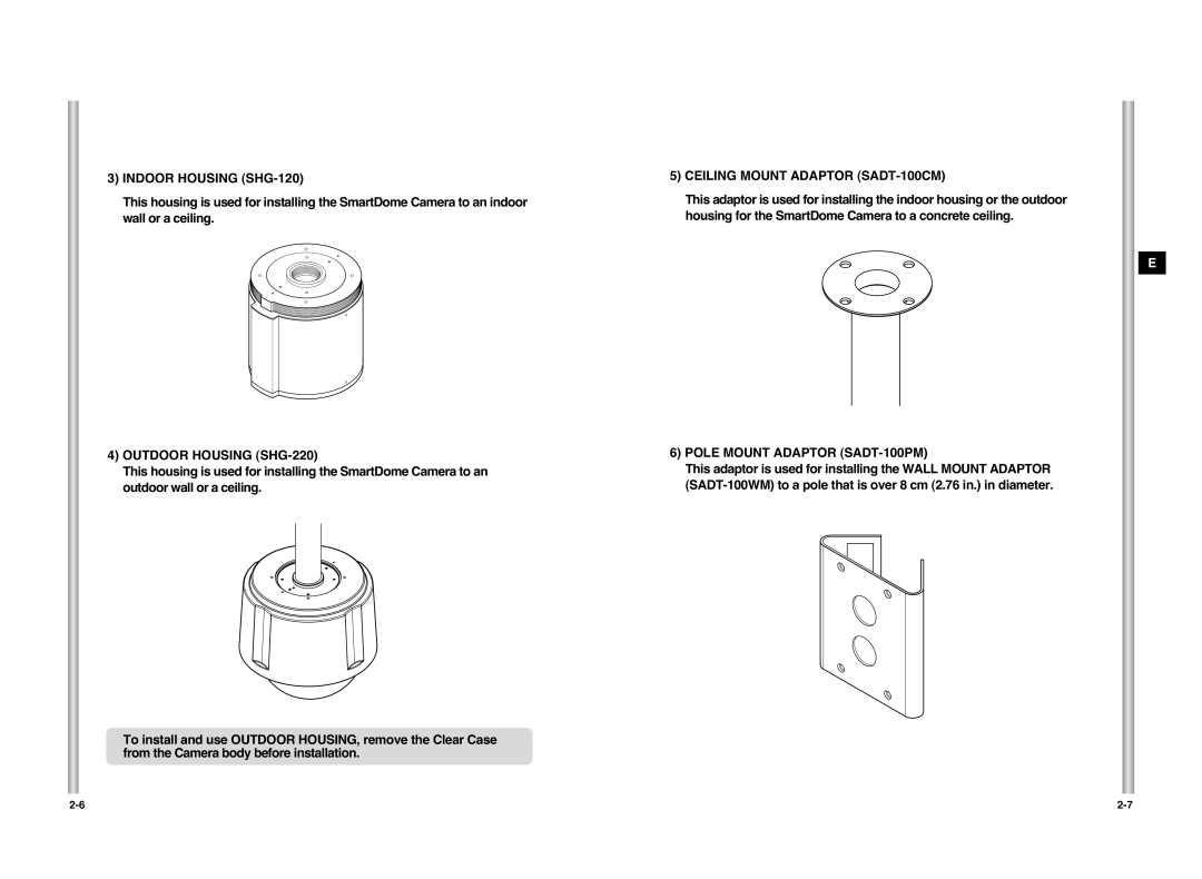 Samsung SCC-C6407P manual Indoor Housing SHG-120, Outdoor Housing SHG-220, Ceiling Mount Adaptor SADT-100CM 