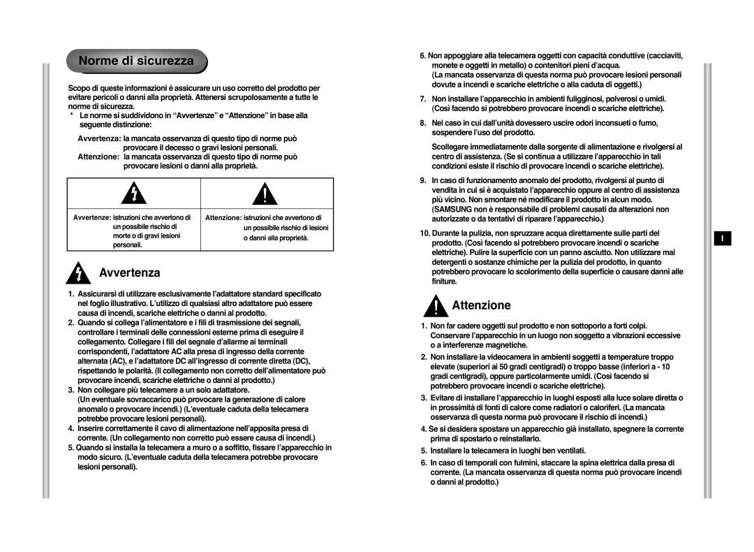 Samsung SCC-C6407P manual Norme di sicurezza, Avvertenza, Attenzione 