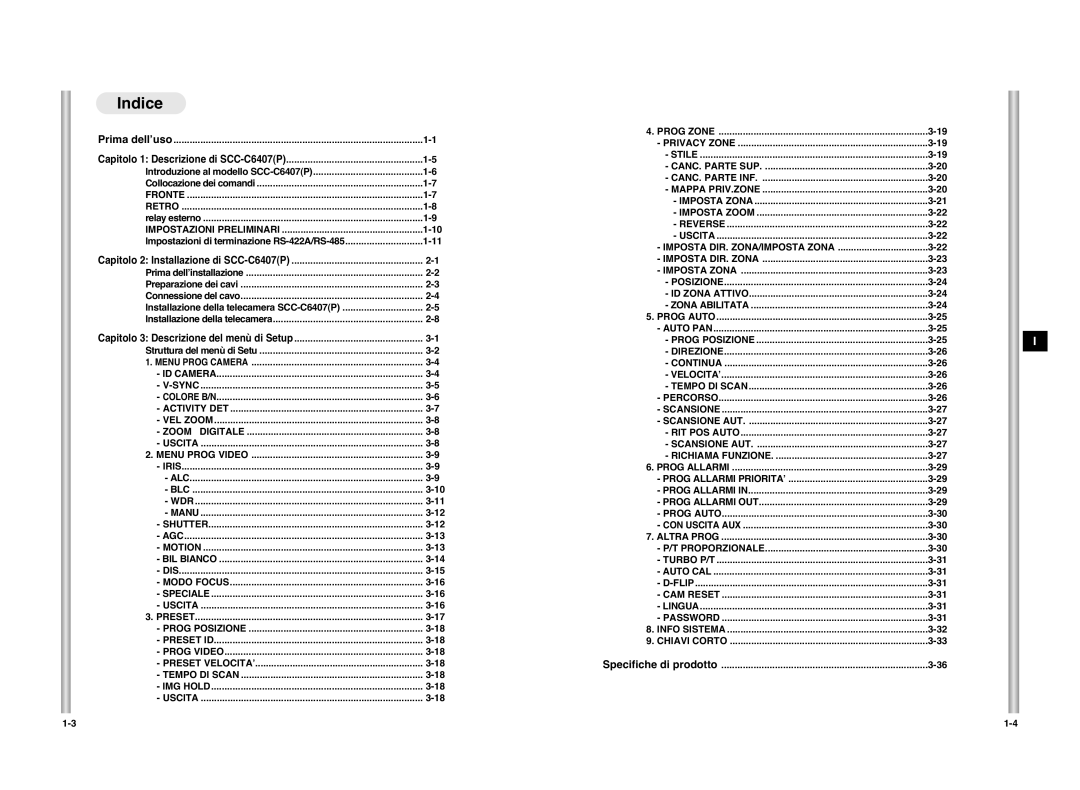 Samsung SCC-C6407P manual Indice, Impostazioni Preliminari 