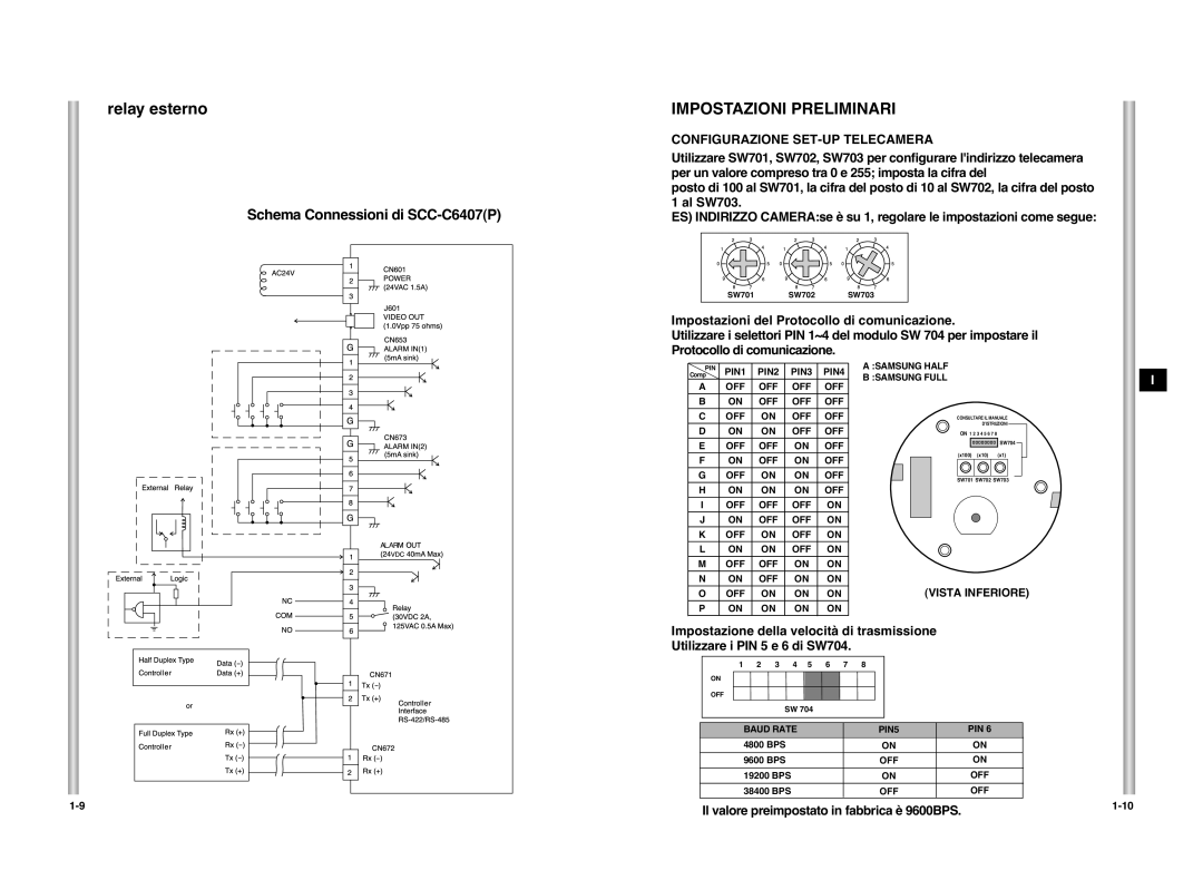 Samsung SCC-C6407P manual Relay esterno, Impostazioni Preliminari, Utilizzare i PIN 5 e 6 di SW704 