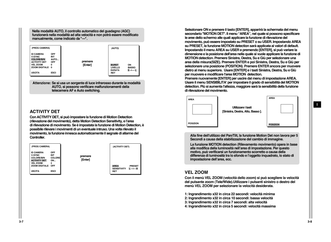 Samsung SCC-C6407P manual Activity DET, Impostazione dell’area, ecc 